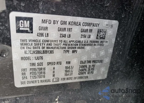 2020 Chevrolet Trax Ls z USA, uszkodzony, nr VIN KL7CJKSB6LB091365